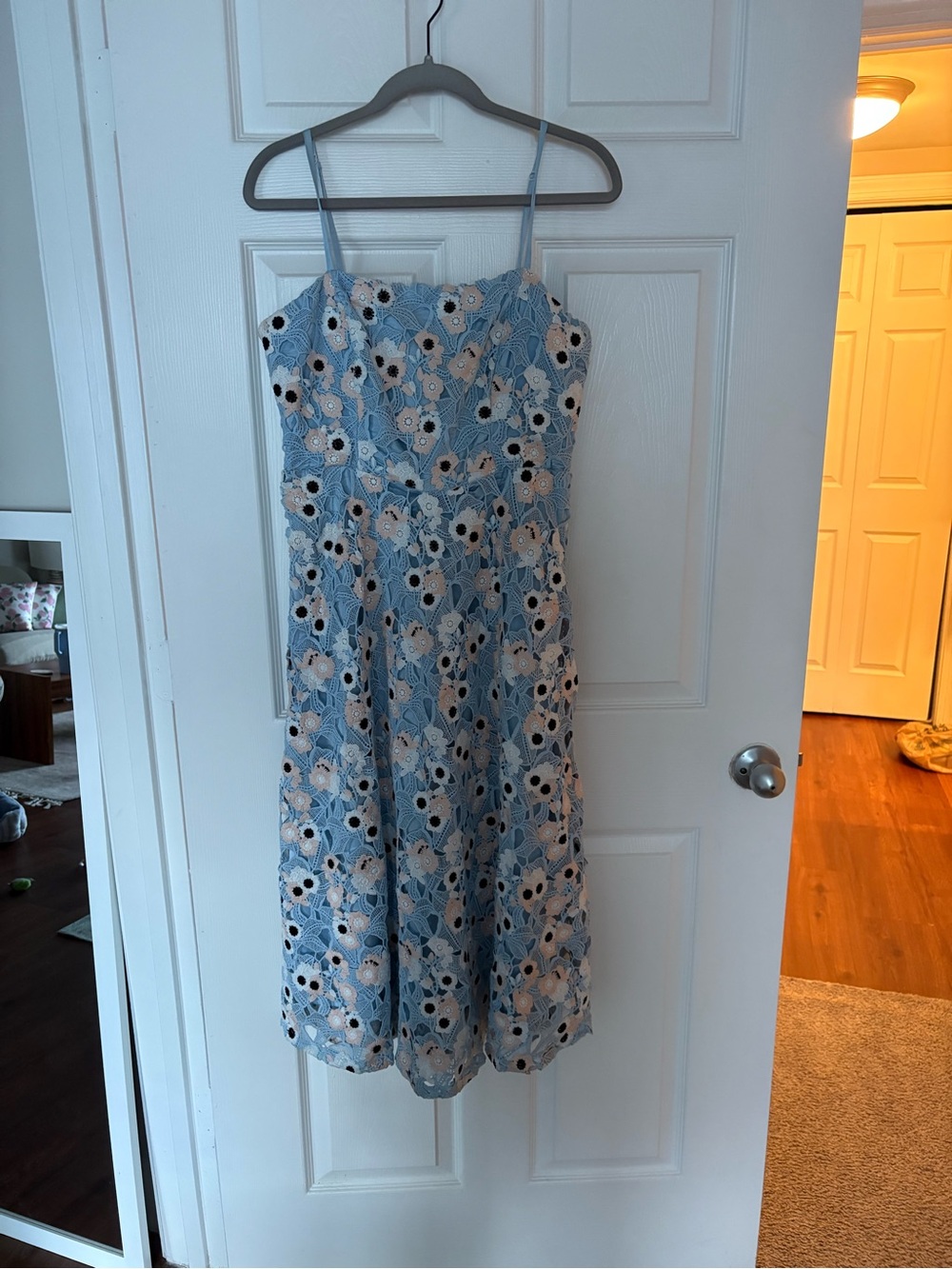 Blue Floral Lace Dress with Cream Accents